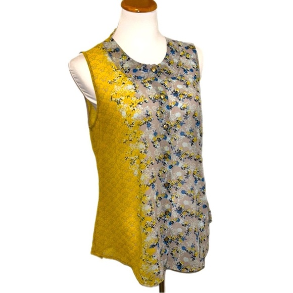 CaBi  Offsides floral Blouse Yellow Blue, Button Up, Sleeveless, Sheer - Picture 2 of 10